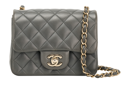 Mini Square Classic Flap Bag, &pound;3,500, Handbags, Grey, Lambskin Leather, Front view
